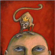 art image of monkey on top of person's head